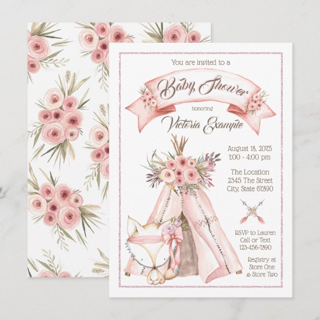 TeePee Fox Girl Tribal Baby Shower Invitations (Front/Back)