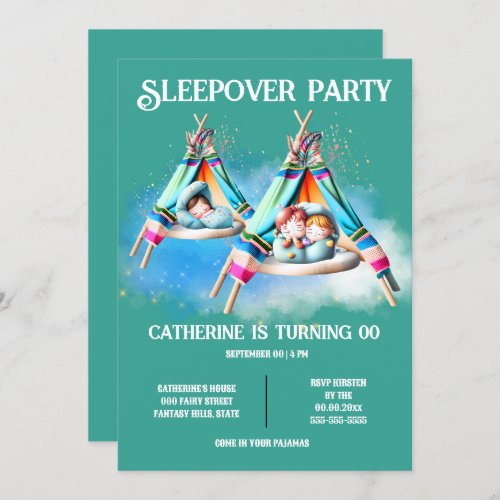 Teepee glamping sleepover slumber party kids fun invitation