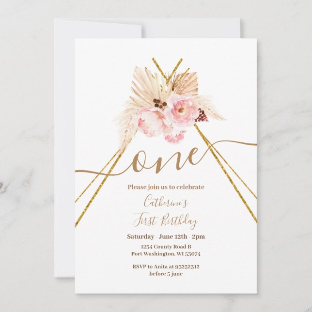 Teepee Pampas Grass 1st Birthday  Invitation (Front)