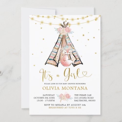 Teepee Pink Floral Fox Baby Shower Invitation