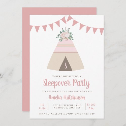 Teepee Slumber Party Girls Pink Floral Birthday Invitation