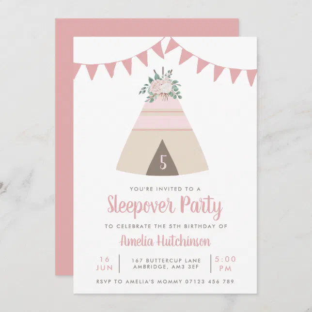 Teepee Slumber Party Girls Pink Floral Birthday Invitation | Zazzle