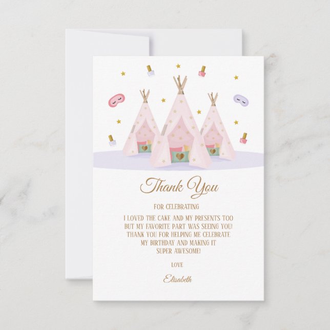 Teepee Spa Birthday Party Thank You Card (Front)