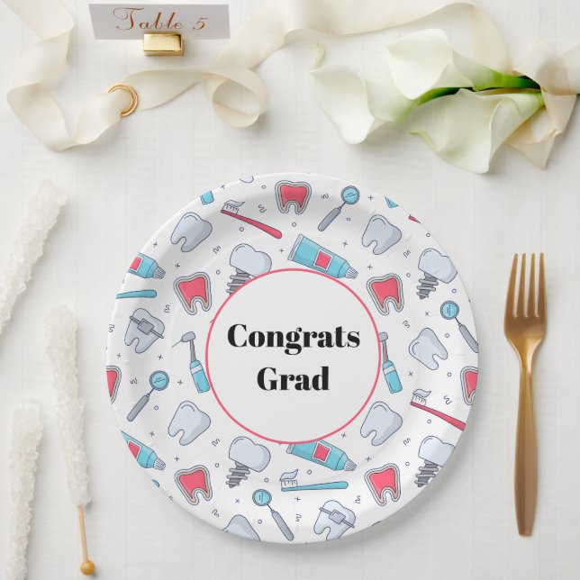 Teeth and Tools Dental Pattern Congrats Grad Paper Plates (Wedding)