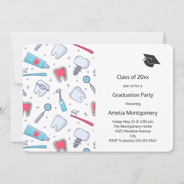 Teeth and Tools Dental Pattern Graduation Invitation (Front)