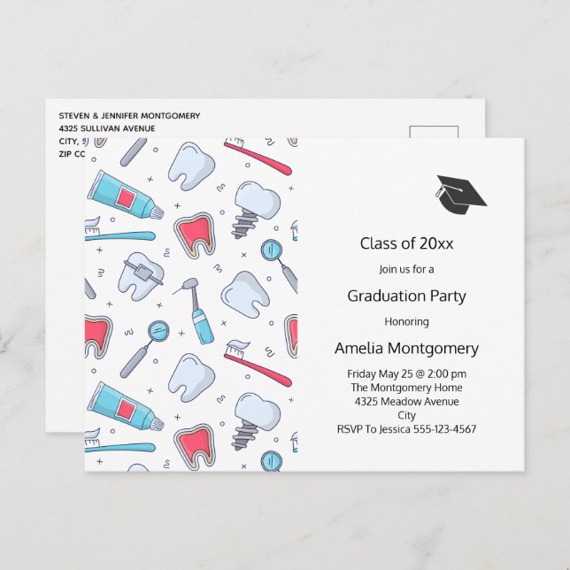 Teeth and Tools Dental Pattern Graduation Invitation Postcard (Front/Back)