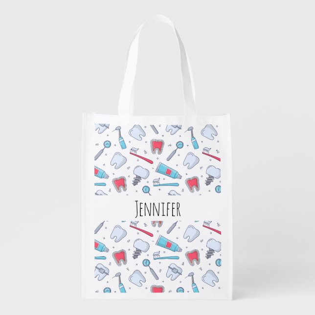 Teeth and Tools Dental Pattern Grocery Bag (Front)