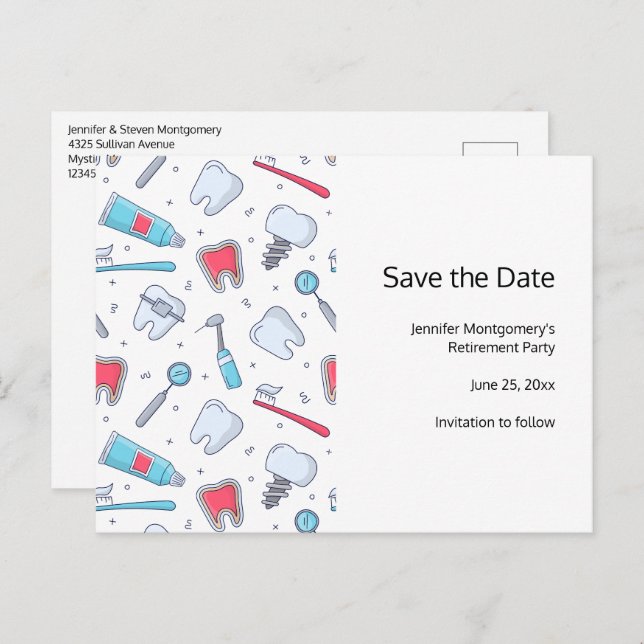 Teeth and Tools Dental Pattern Retirement Announcement Postcard (Front/Back)