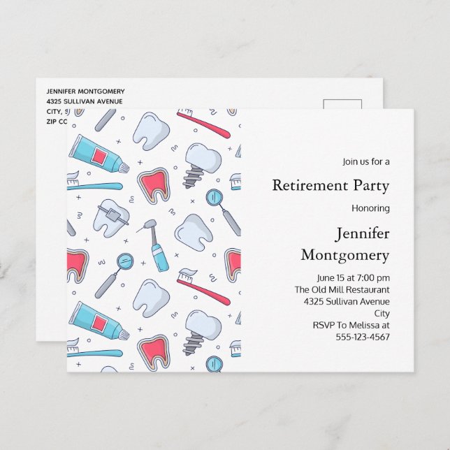 Teeth and Tools Dental Pattern Retirement Invitation Postcard (Front/Back)