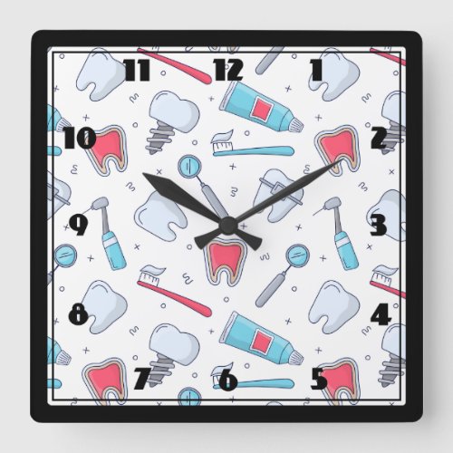 Teeth and Tools Dental Pattern Square Wall Clock