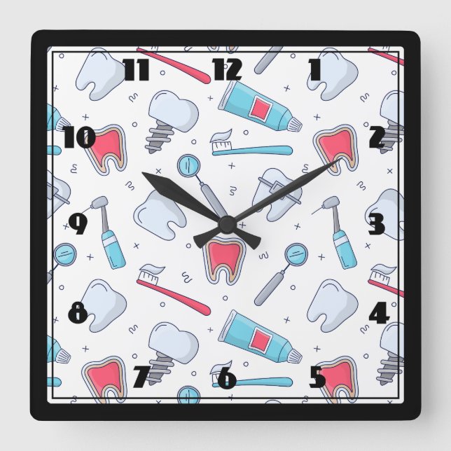 Teeth and Tools Dental Pattern Square Wall Clock (Front)
