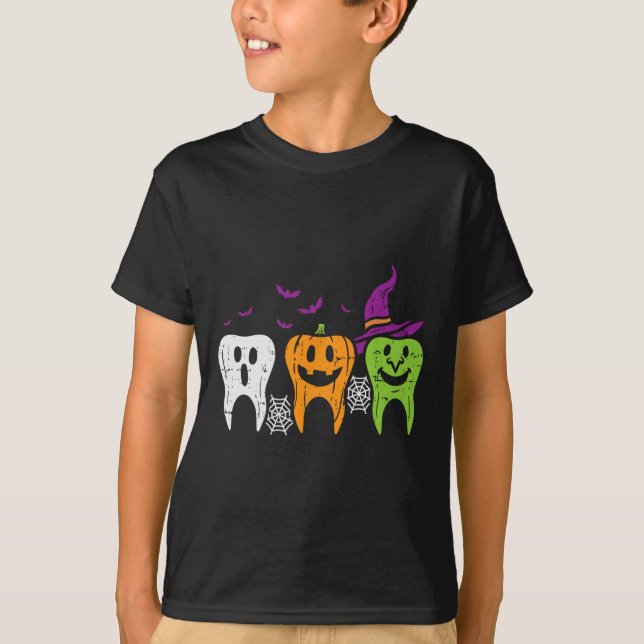 Teeth Ghost Pumpkin Witch Cute Dental Halloween De T-Shirt (Front)