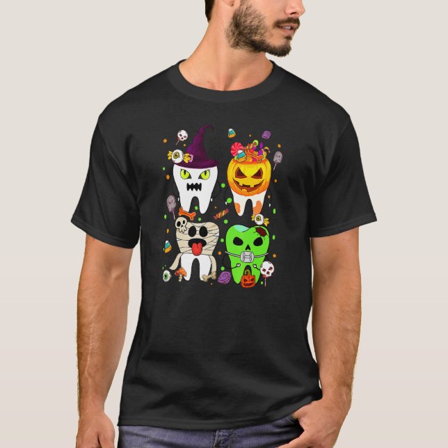 Teeth Ghost Pumpkin Witch Cute Dental Halloween De T-Shirt (Front)