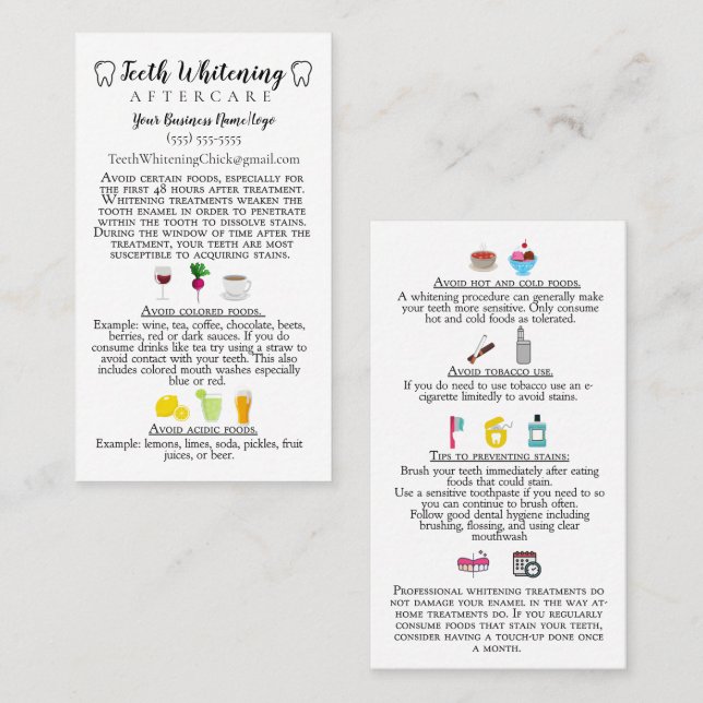 Teeth Whitening Aftercare Instruction Business Card (Front/Back)