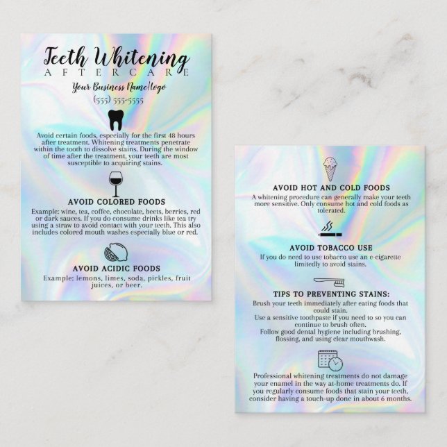Teeth Whitening Aftercare Instruction Business Card (Front/Back)