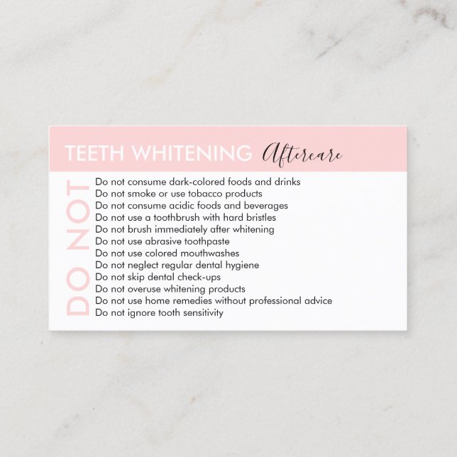 Teeth Whitening Avoids Advices Aftercare Business Card (Back)
