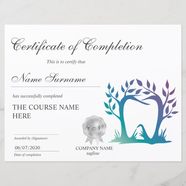 Teeth Whitening Certificate of Completion Course (Front)