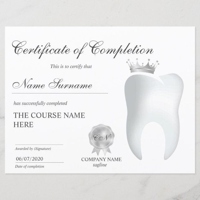 Teeth Whitening Certificate of Completion Course (Front)