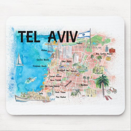 Tel Aviv Israel Illustrated Map with Main Roads Mouse Pad