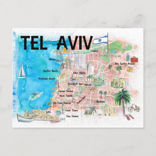 Tel Aviv Israel Illustrated Map with Roads  Postcard
