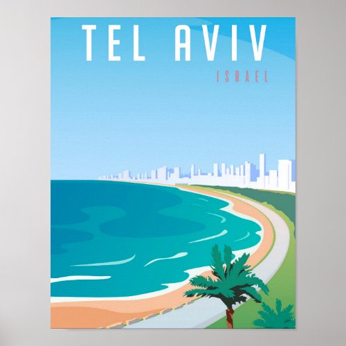  Tel Aviv Israel Poster Blue Cityscape Palm