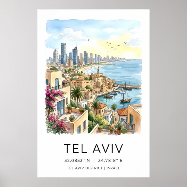 Tel Aviv Skyline Art Print - Harbor, Turquoise (Front)