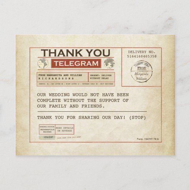 Telegram Thank you cards for wedding (Front)