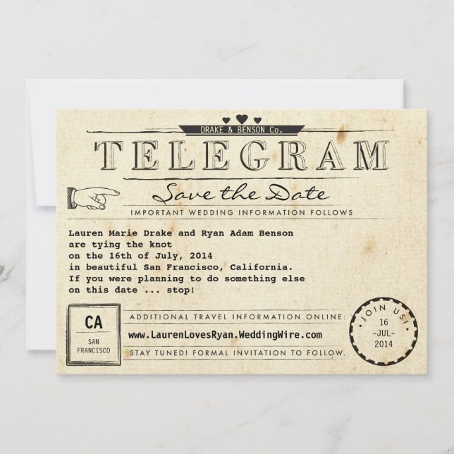 Telegram Vintage Travel Hearts Save the Date (Front)