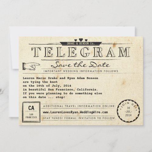 Telegram Vintage Travel Hearts Save the Date