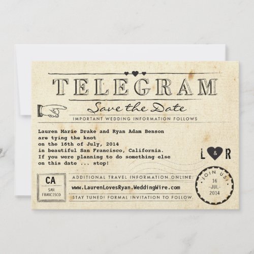 Telegram with Hearts Vintage Travel Save the Date