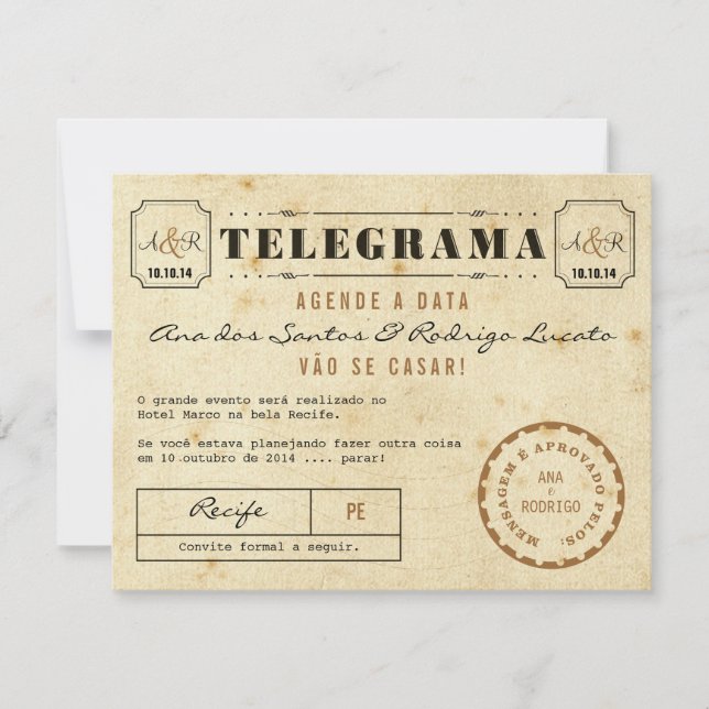 Telegrama do Vintage Agende a Data Invitation (Front)