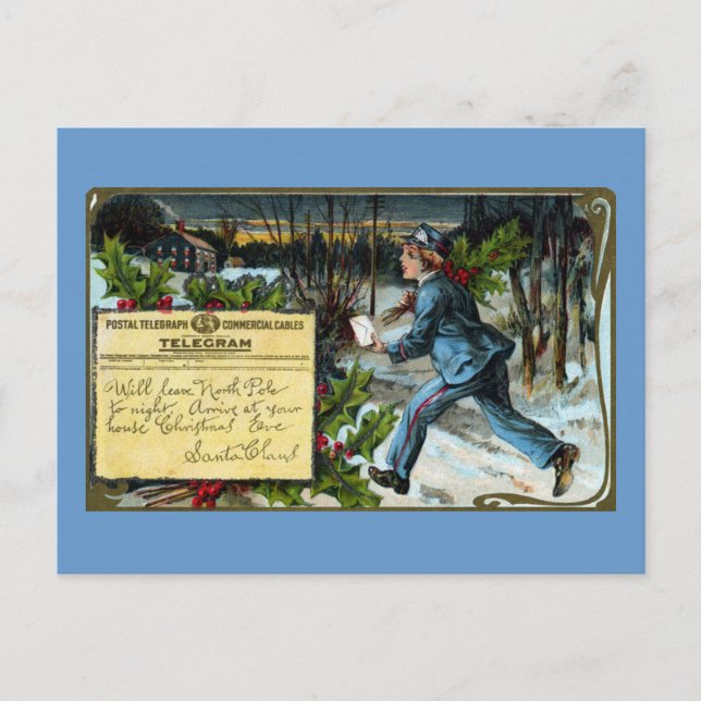 Telegraph Boy Making Delivery Vintage Christmas Holiday Postcard (Front)