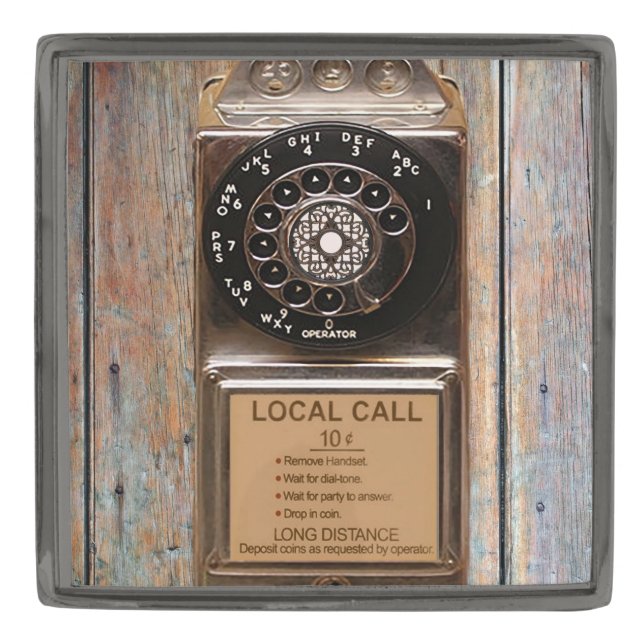 Telephone antique rotary pay phone rugged gunmetal finish lapel pin (Front)