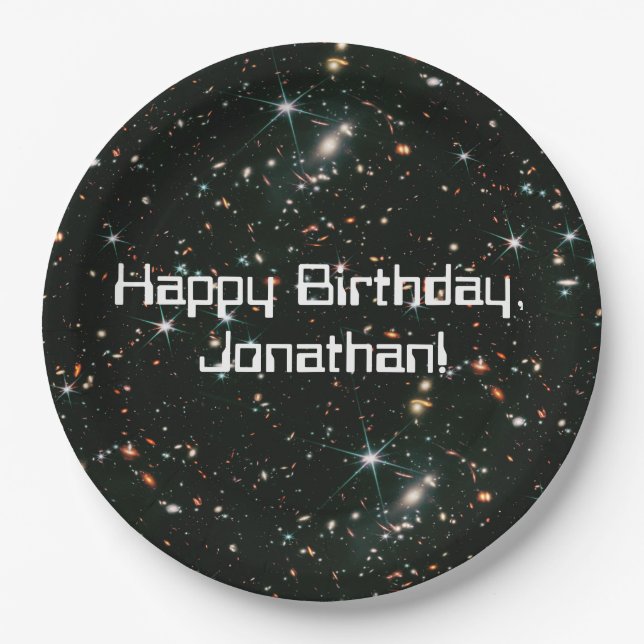 Telescopic Space Galaxies Stars Happy Birthday Paper Plates (Front)