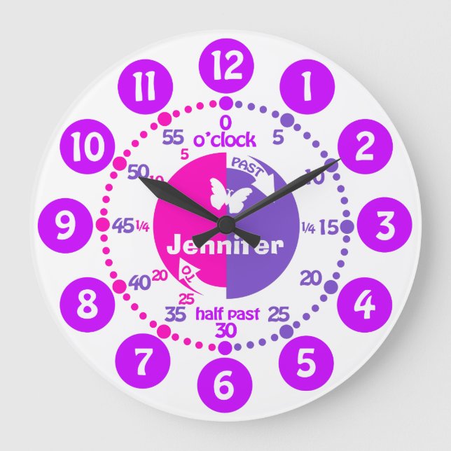 Tell time girls pink purple name learning clock (Front)