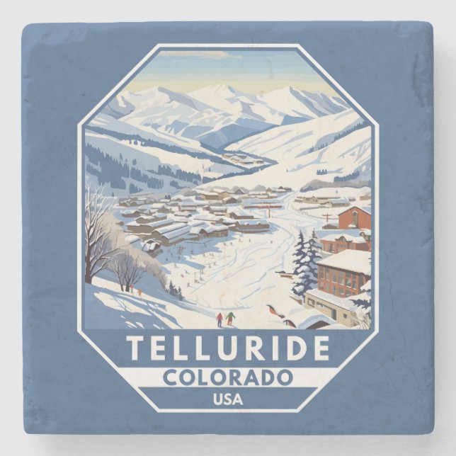 Telluride Colorado Winter Travel Art Vintage Stone Coaster (Front)