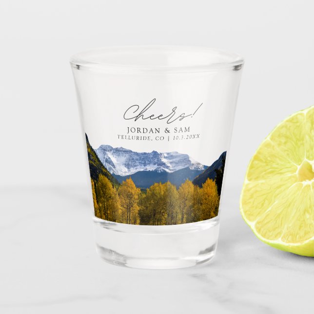 Telluride Photo Wedding Favor Cheers Shot Glass (Front)
