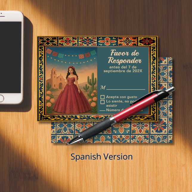 Tema de vestido rojo de quinceañera vintage RSVP card (Tema de vestido rojo de quinceañera vintage RSVP card)