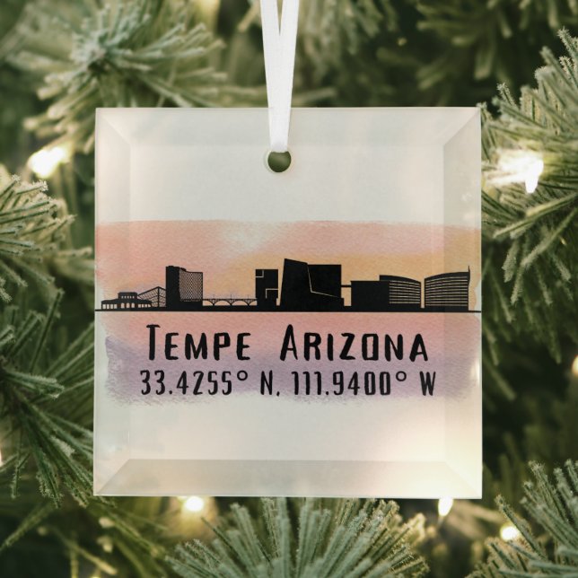 Tempe AZ City Skyline Latitude and Longitude  Glass Ornament (Insitu)