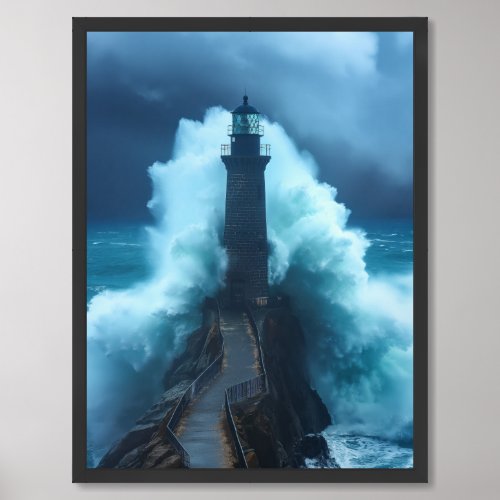 Tempestuous Guardian _ Lighthouse In Stormy Sea Framed Art
