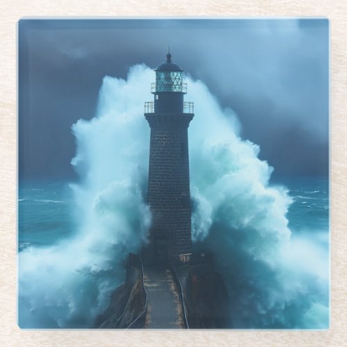 Tempestuous Guardian _ Lighthouse In Stormy Sea Glass Coaster