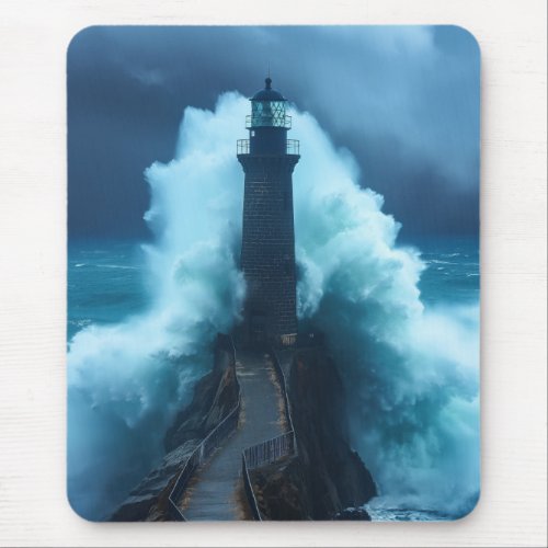 Tempestuous Guardian _ Lighthouse In Stormy Sea Mouse Pad