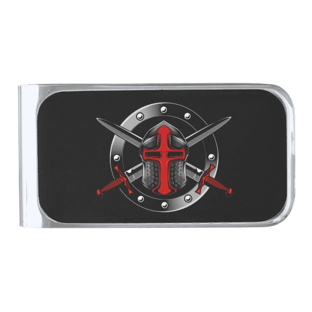 Templar Knight with Crossed Swords Silver Finish Money Clip (Front)