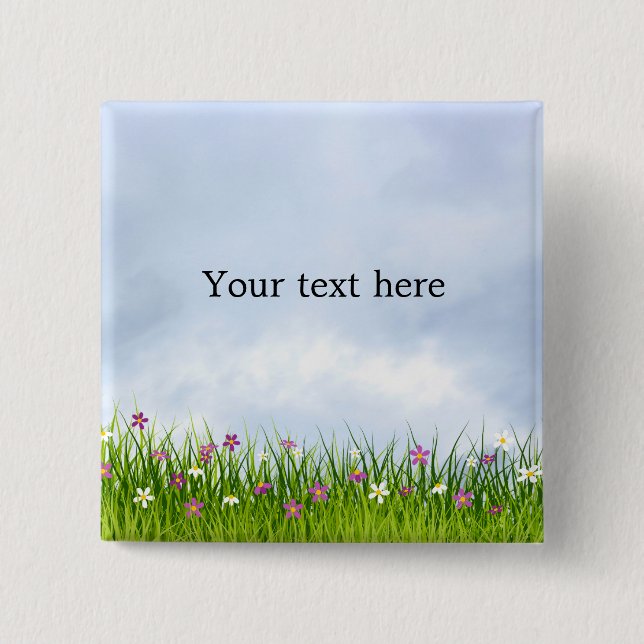 Template, blue sky and meadow of flowers, button (Front)
