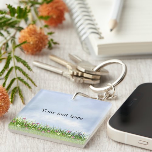 Template Blue Sky and Summer Flowers Keychain