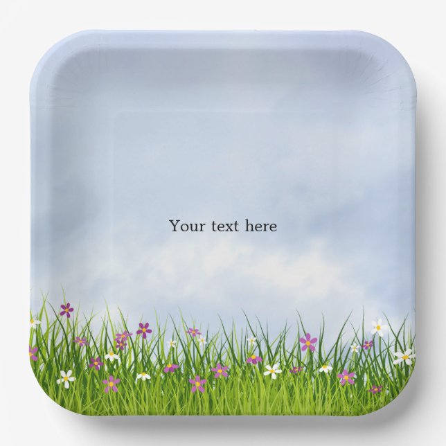 Template, Blue Sky and Summer Flowers, Paper Plates (Front)