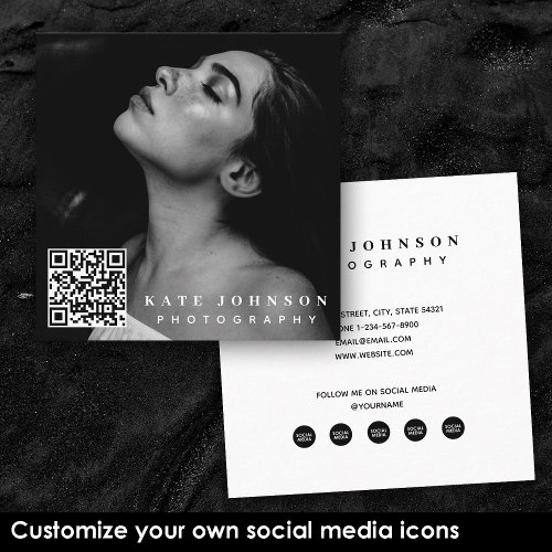 Template Business Photo QR Code Social Media Icons Square Business Card