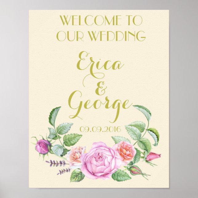 Template floral rose welcome wedding sign Print (Front)