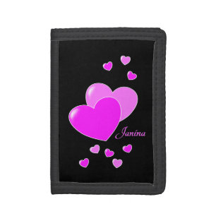 Template For Your Name Pink Hearts On Black, Girls Trifold Wallet