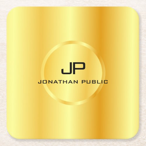 Template Gold Look Elegant Modern Monogram Square Paper Coaster
